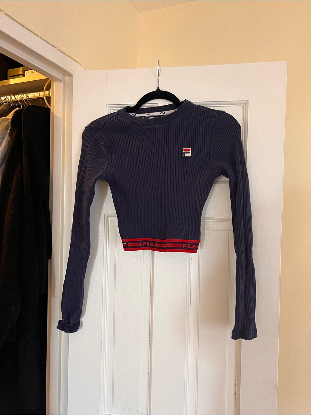 FILA Navy Ribbed Long-Sleeve Cropped Top with Red Logo Band